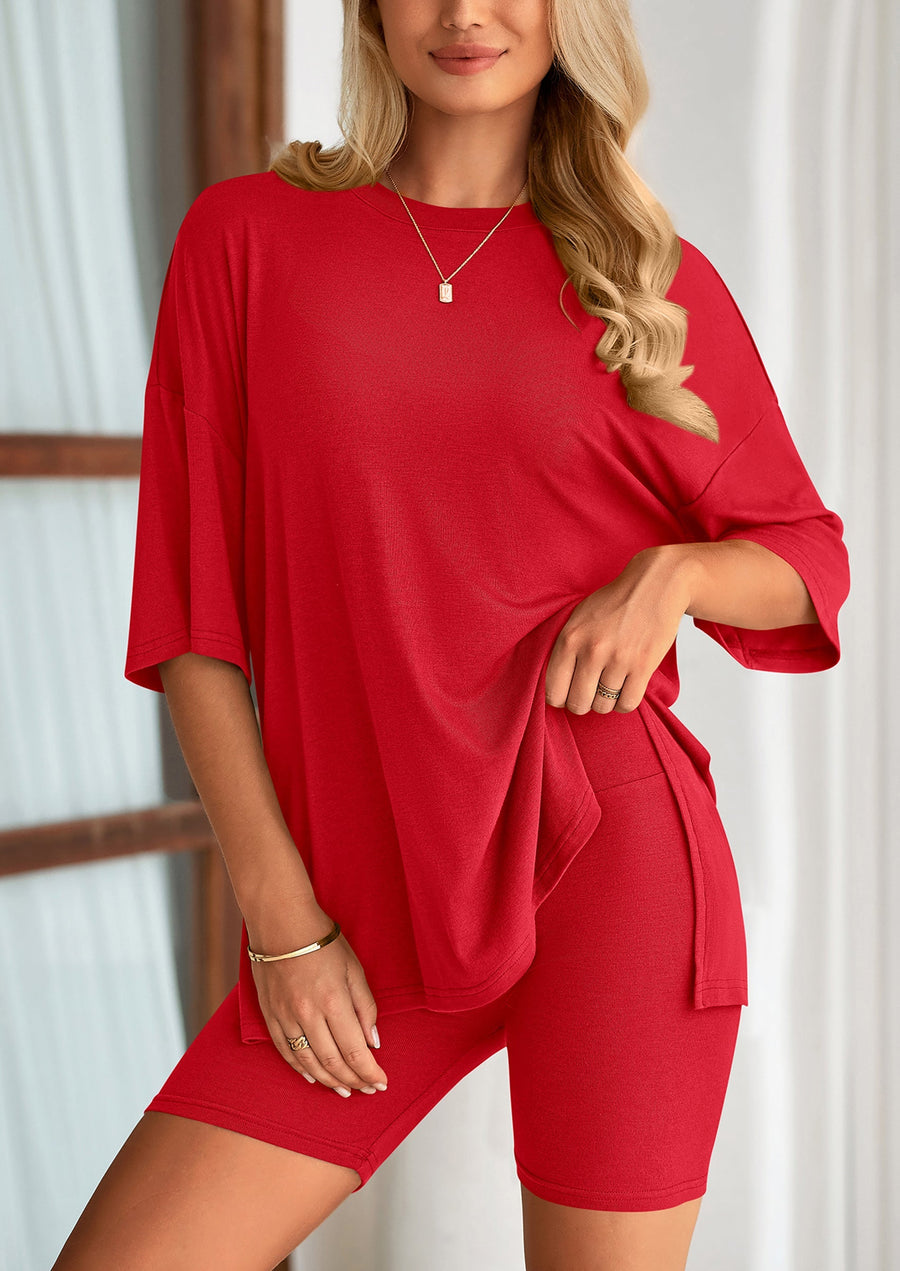 COMFYWOMEN Women's Two Piece Lounge Set Casual Oversized Shirts Shorts Matching Outfit
