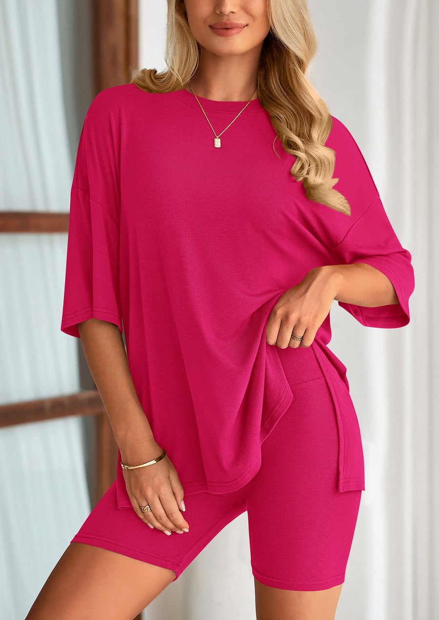 COMFYWOMEN Women's Two Piece Lounge Set Casual Oversized Shirts Shorts Matching Outfit
