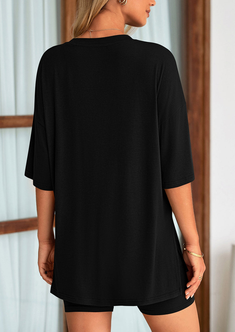 COMFYWOMEN Women's Two Piece Lounge Set Casual Oversized Shirts Shorts Matching Outfit