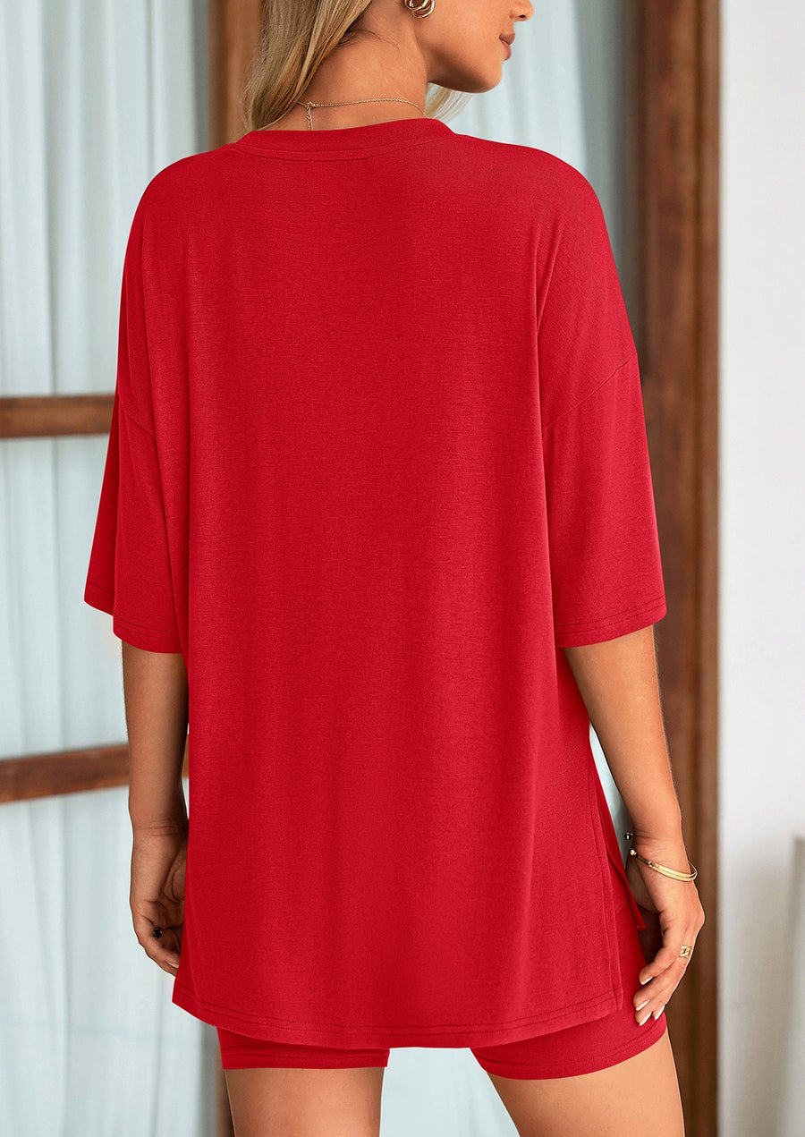 COMFYWOMEN Women's Two Piece Lounge Set Casual Oversized Shirts Shorts Matching Outfit
