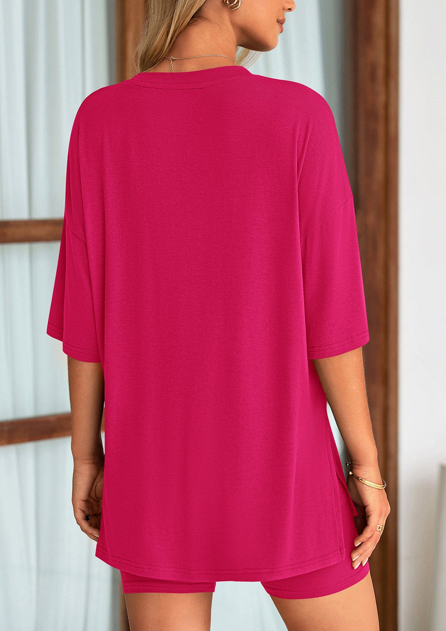 COMFYWOMEN Women's Two Piece Lounge Set Casual Oversized Shirts Shorts Matching Outfit