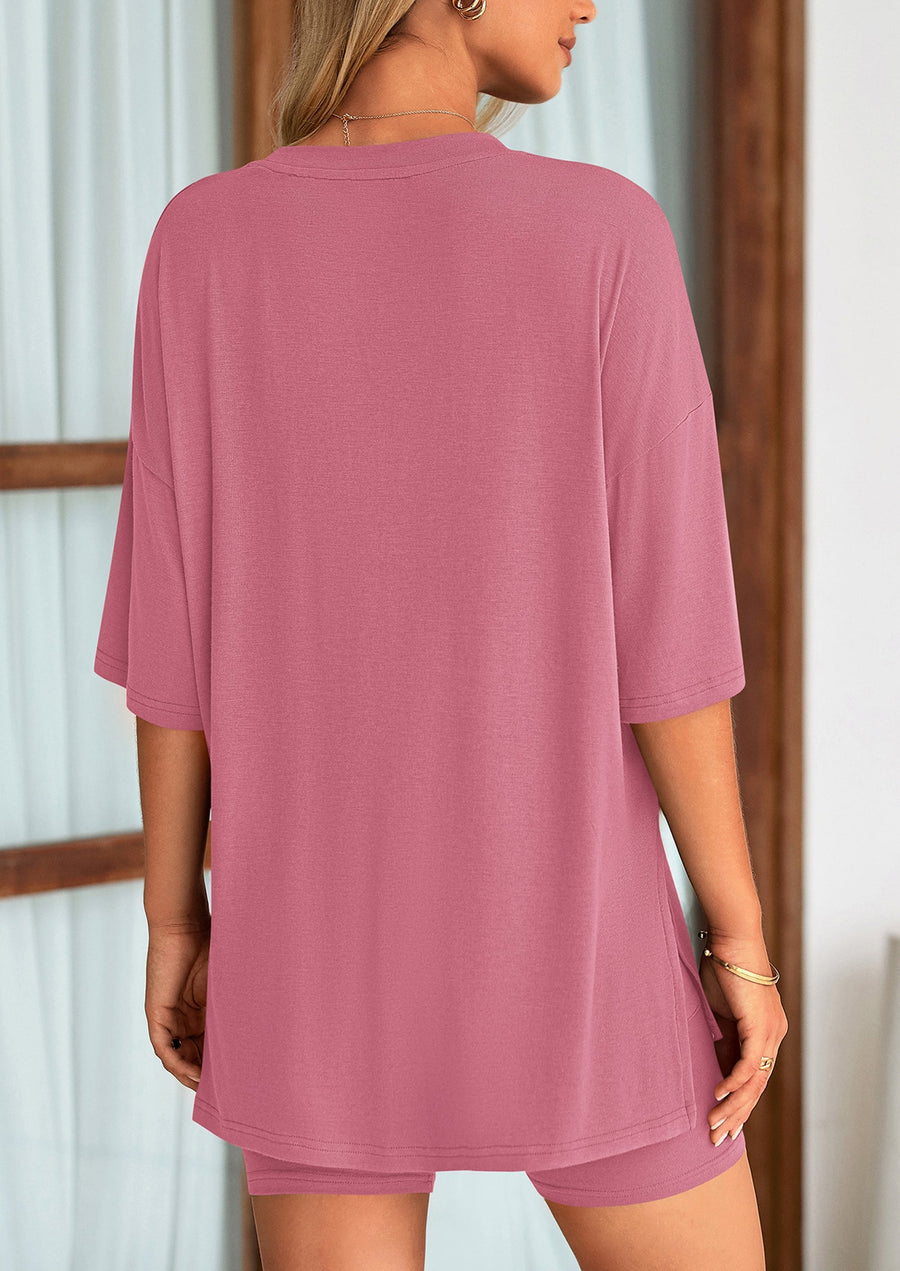 COMFYWOMEN Women's Two Piece Lounge Set Casual Oversized Shirts Shorts Matching Outfit