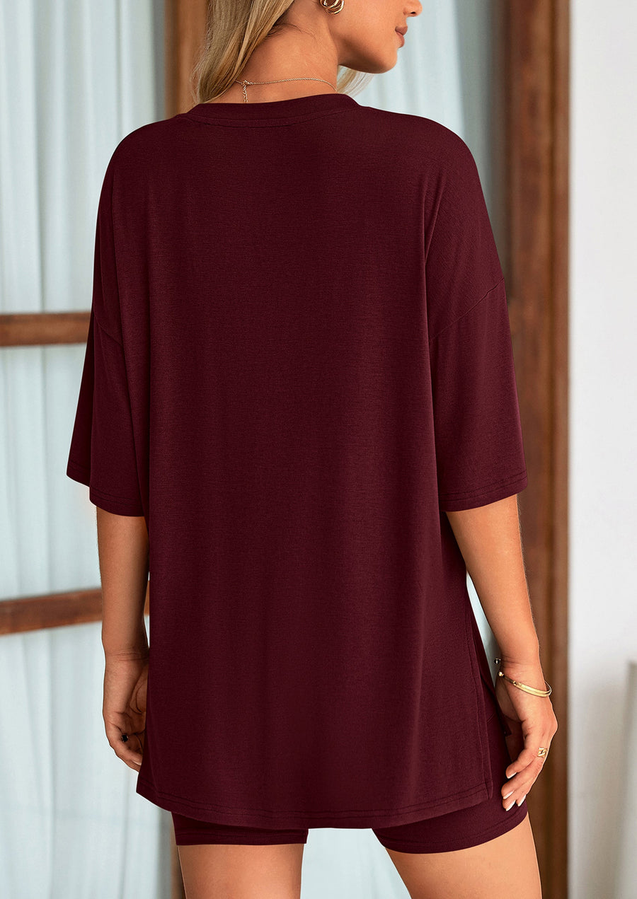 COMFYWOMEN Women's Two Piece Lounge Set Casual Oversized Shirts Shorts Matching Outfit