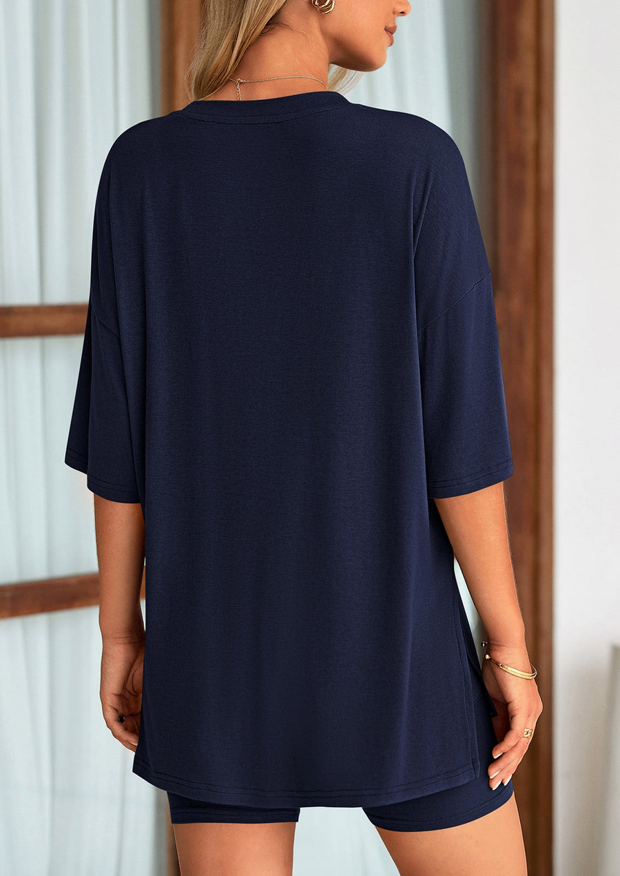 COMFYWOMEN Women's Two Piece Lounge Set Casual Oversized Shirts Shorts Matching Outfit