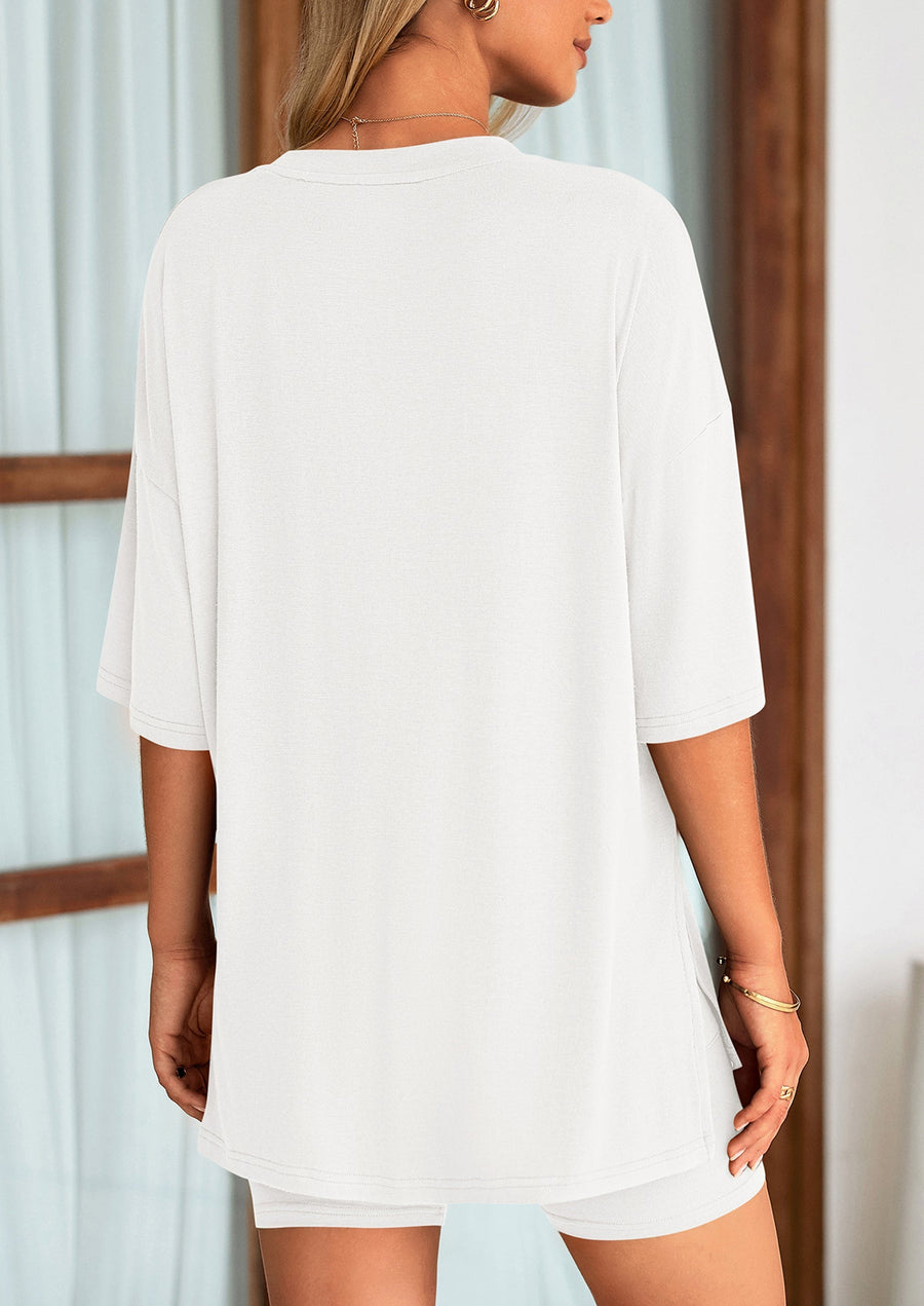 COMFYWOMEN Women's Two Piece Lounge Set Casual Oversized Shirts Shorts Matching Outfit