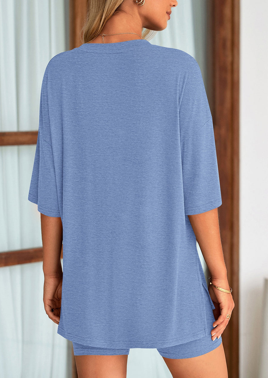 COMFYWOMEN Women's Two Piece Lounge Set Casual Oversized Shirts Shorts Matching Outfit