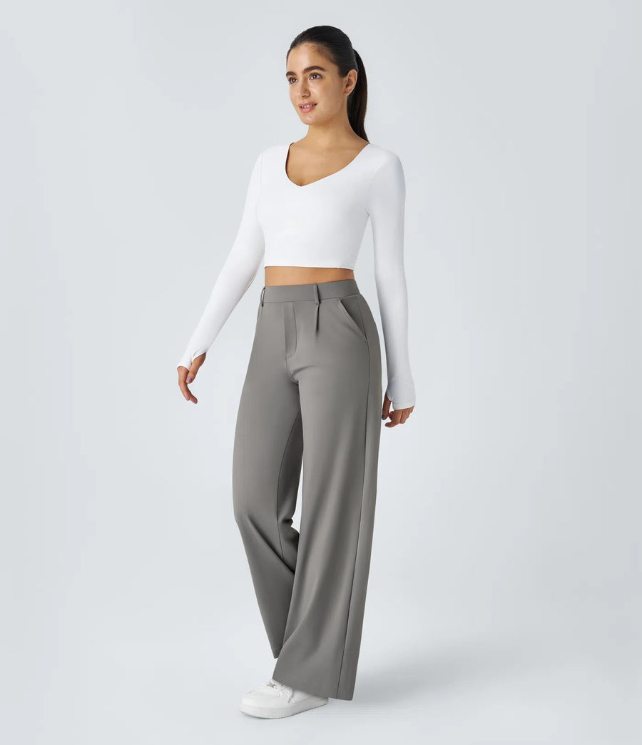 High-waisted Straight Work Trousers with Pockets