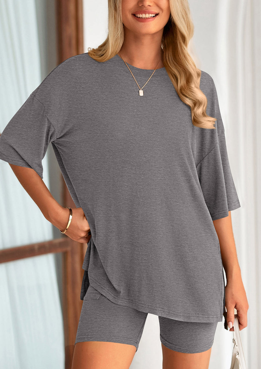 COMFYWOMEN Women's Two Piece Lounge Set Casual Oversized Shirts Shorts Matching Outfit