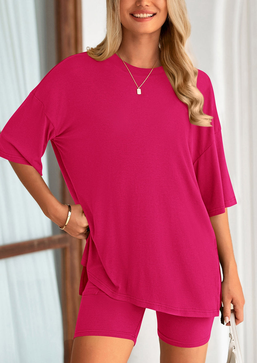 COMFYWOMEN Women's Two Piece Lounge Set Casual Oversized Shirts Shorts Matching Outfit