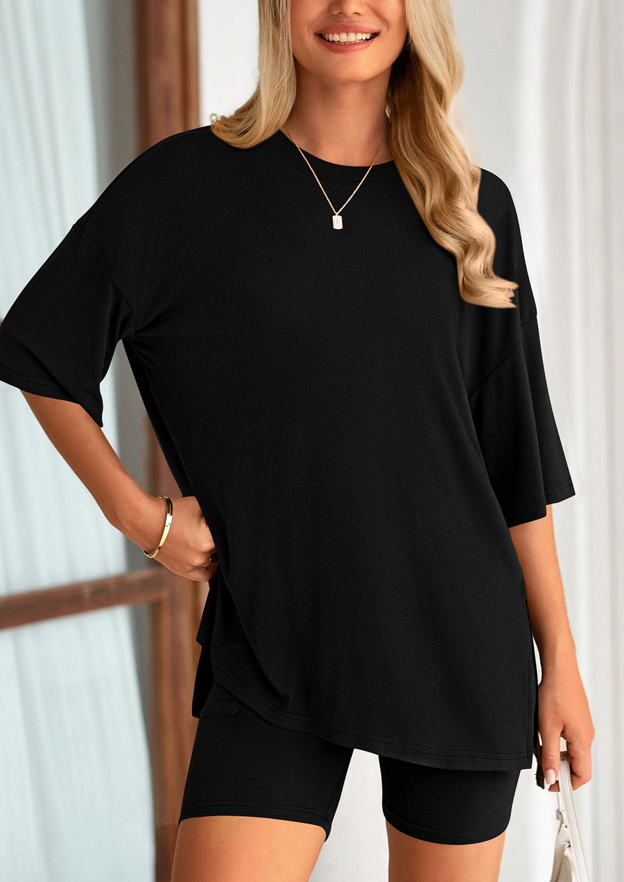 COMFYWOMEN Women's Two Piece Lounge Set Casual Oversized Shirts Shorts Matching Outfit