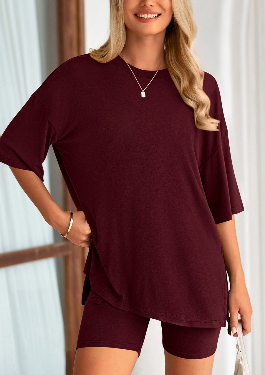COMFYWOMEN Women's Two Piece Lounge Set Casual Oversized Shirts Shorts Matching Outfit