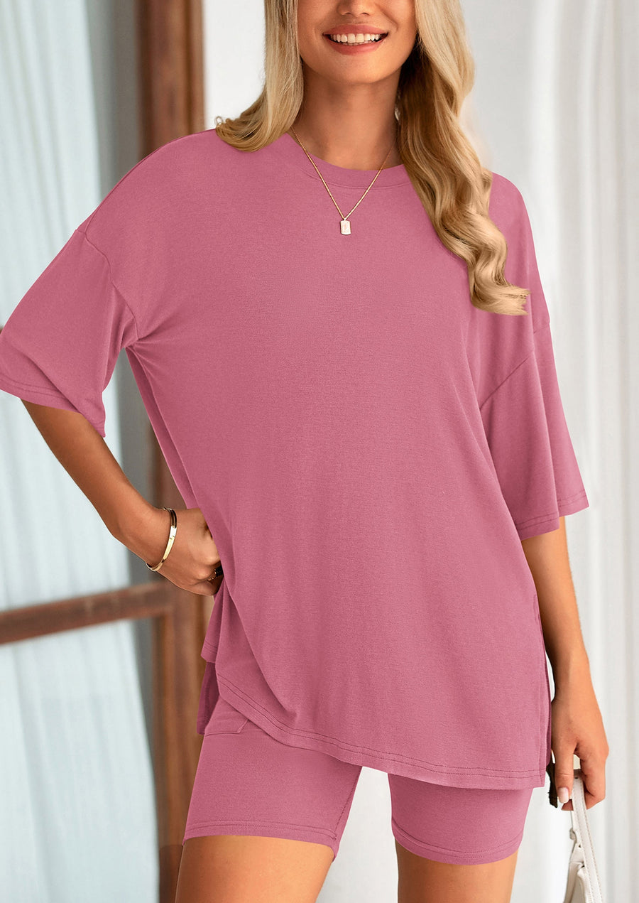 COMFYWOMEN Women's Two Piece Lounge Set Casual Oversized Shirts Shorts Matching Outfit