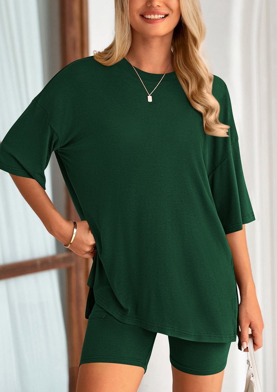 COMFYWOMEN Women's Two Piece Lounge Set Casual Oversized Shirts Shorts Matching Outfit