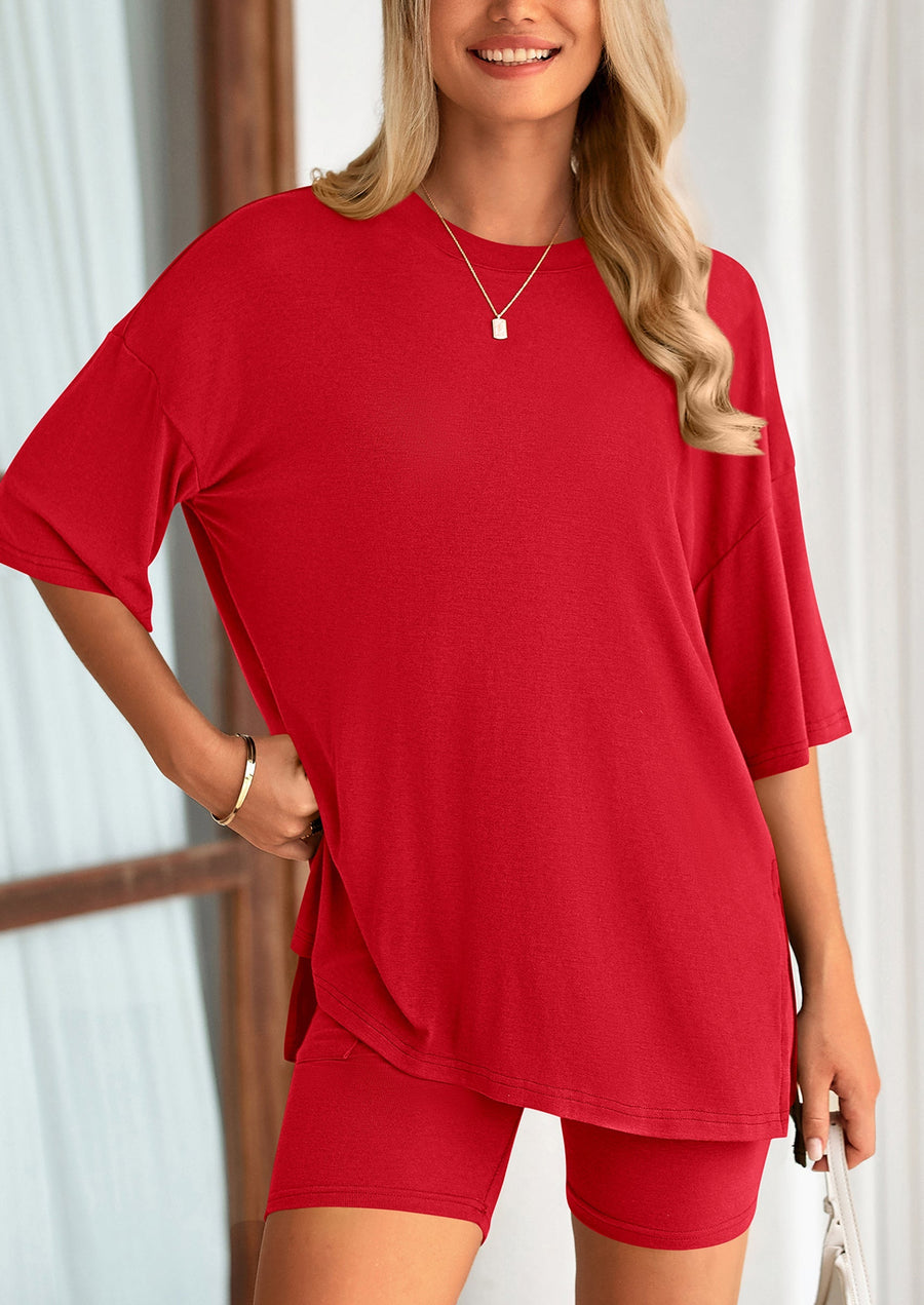 COMFYWOMEN Women's Two Piece Lounge Set Casual Oversized Shirts Shorts Matching Outfit