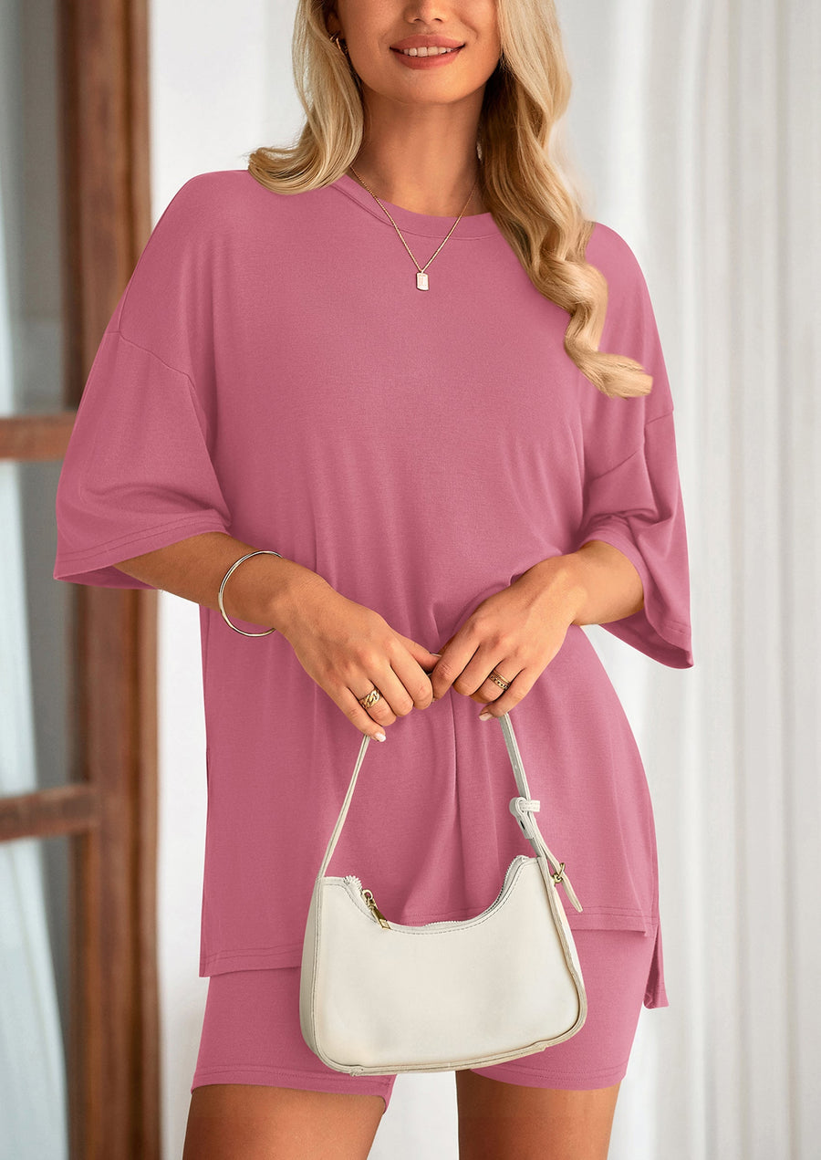 COMFYWOMEN Women's Two Piece Lounge Set Casual Oversized Shirts Shorts Matching Outfit