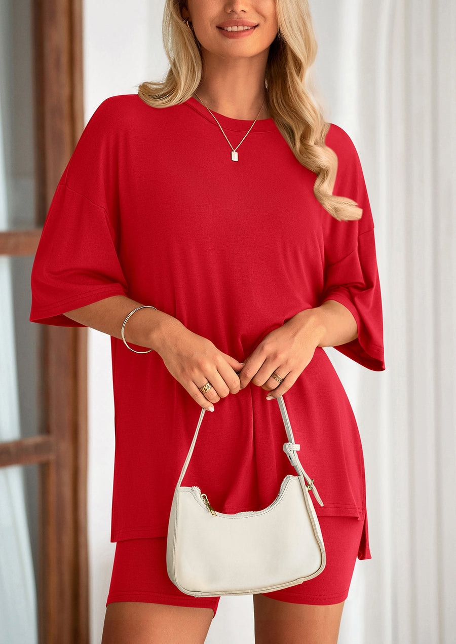 COMFYWOMEN Women's Two Piece Lounge Set Casual Oversized Shirts Shorts Matching Outfit