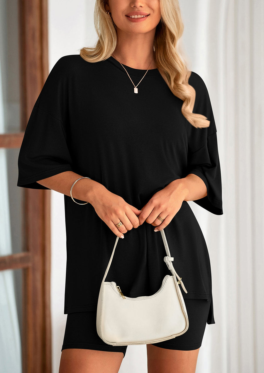 COMFYWOMEN Women's Two Piece Lounge Set Casual Oversized Shirts Shorts Matching Outfit