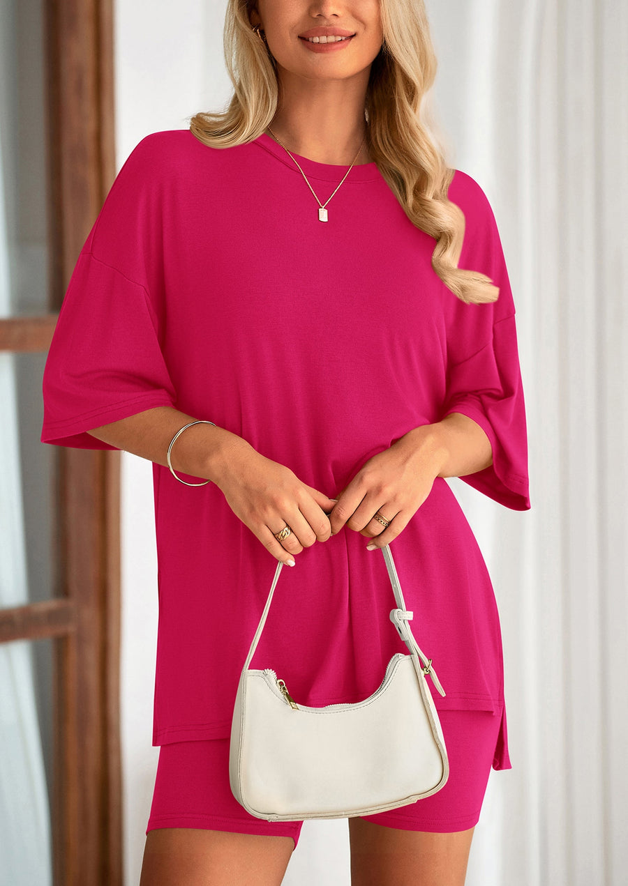 COMFYWOMEN Women's Two Piece Lounge Set Casual Oversized Shirts Shorts Matching Outfit
