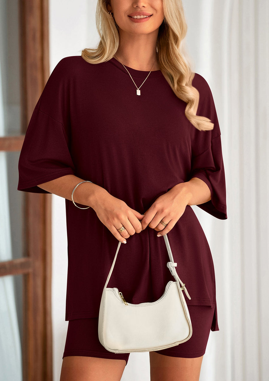 COMFYWOMEN Women's Two Piece Lounge Set Casual Oversized Shirts Shorts Matching Outfit