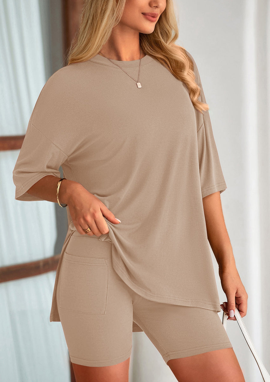 COMFYWOMEN Women's Two Piece Lounge Set Casual Oversized Shirts Shorts Matching Outfit
