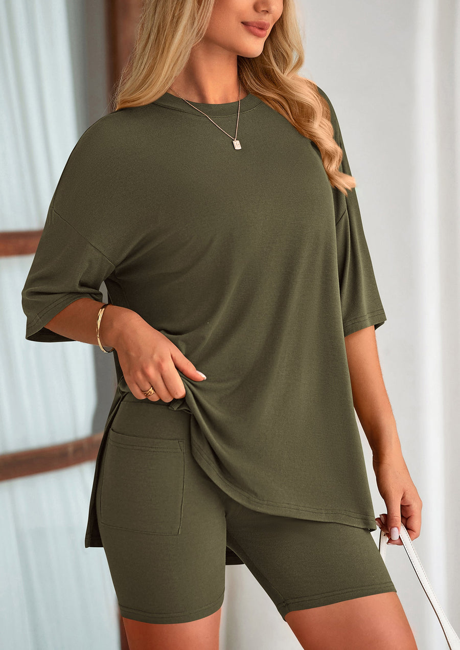 COMFYWOMEN Women's Two Piece Lounge Set Casual Oversized Shirts Shorts Matching Outfit