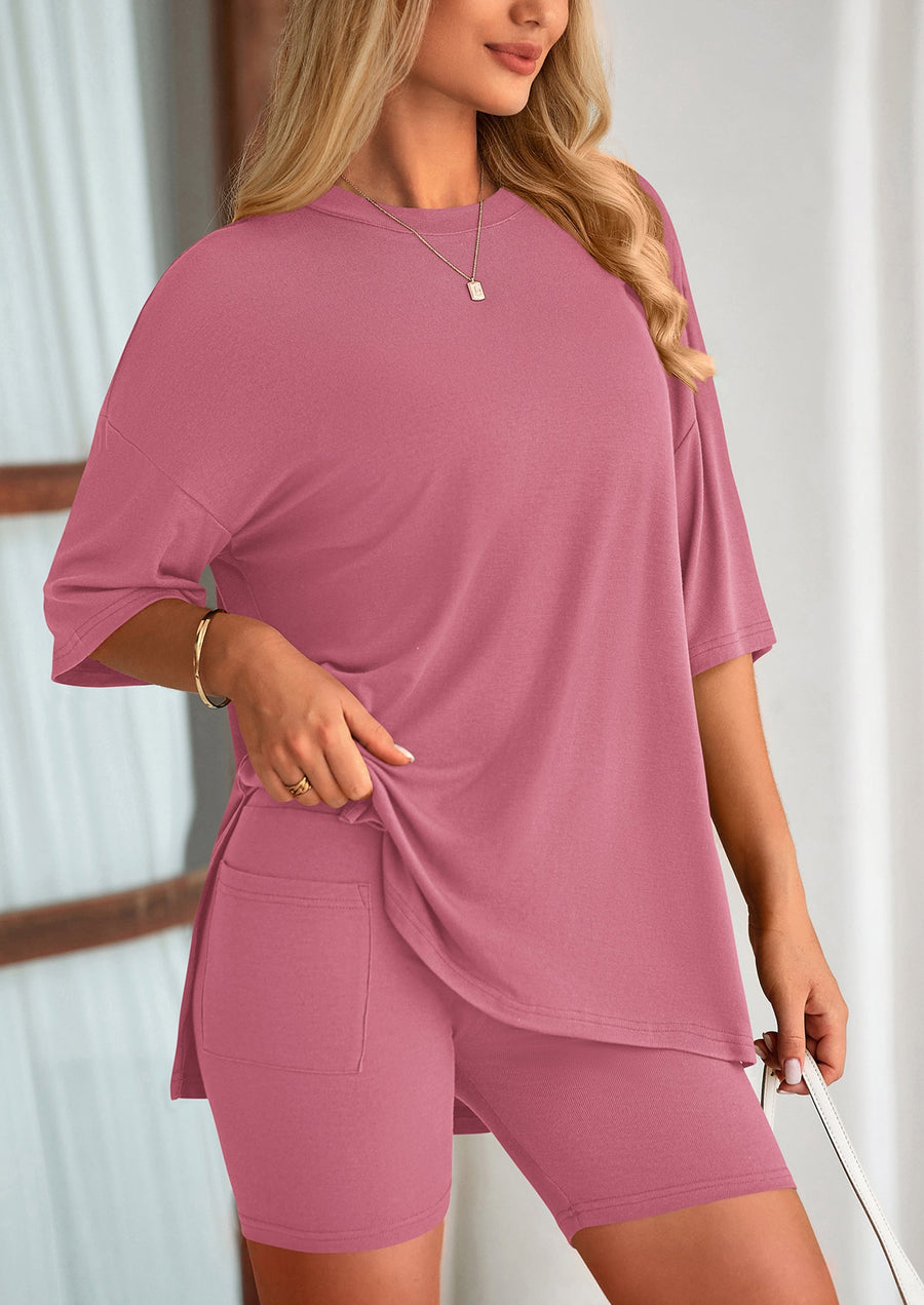 COMFYWOMEN Women's Two Piece Lounge Set Casual Oversized Shirts Shorts Matching Outfit