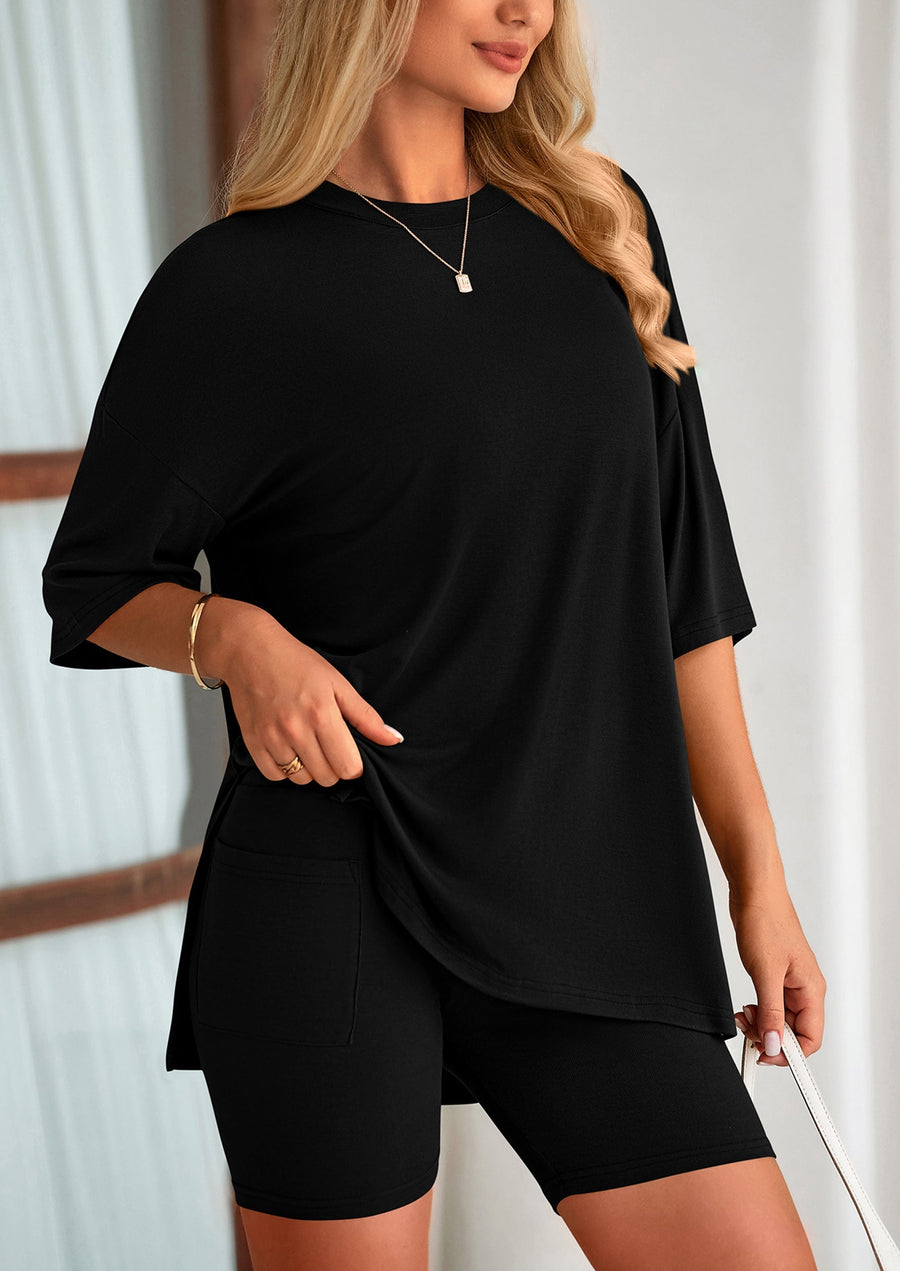 COMFYWOMEN Women's Two Piece Lounge Set Casual Oversized Shirts Shorts Matching Outfit