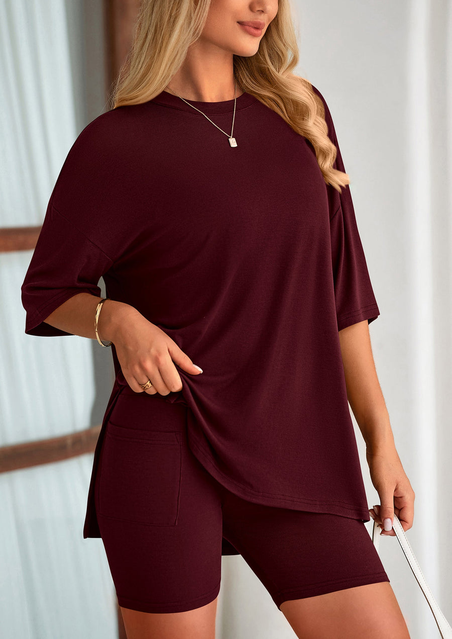 COMFYWOMEN Women's Two Piece Lounge Set Casual Oversized Shirts Shorts Matching Outfit