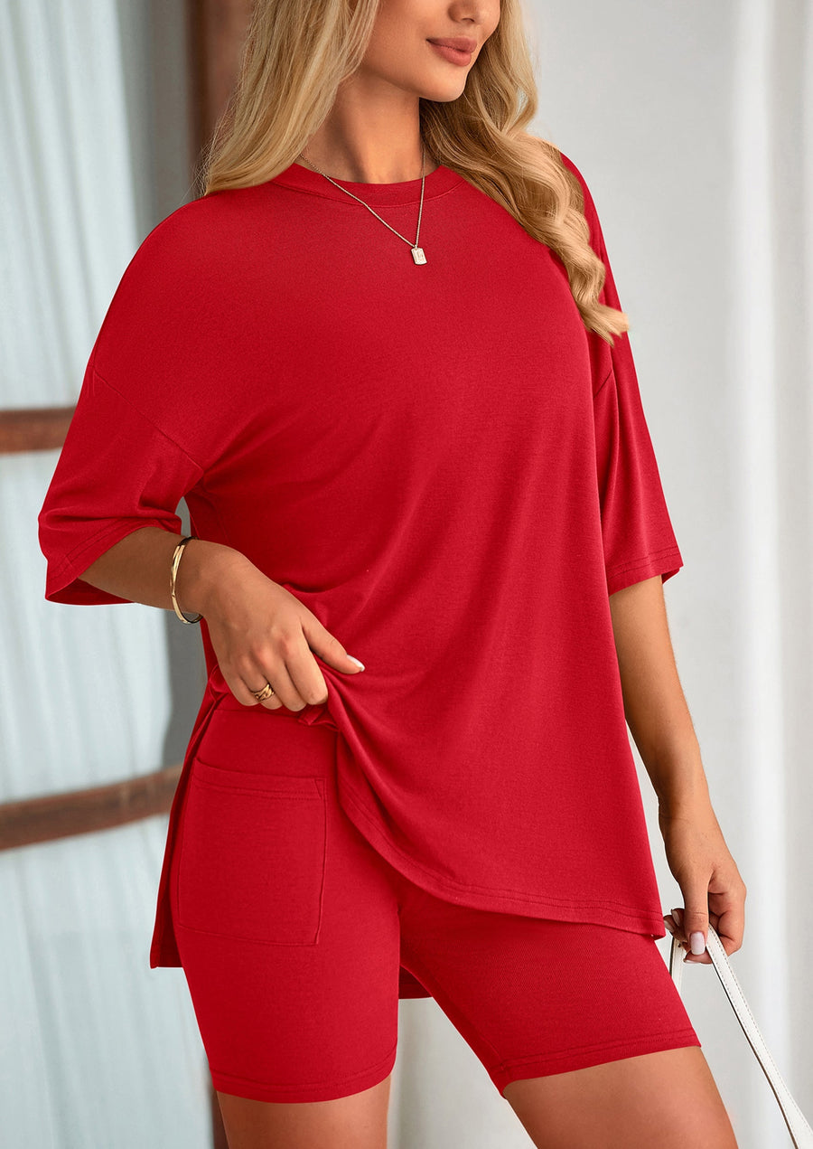COMFYWOMEN Women's Two Piece Lounge Set Casual Oversized Shirts Shorts Matching Outfit