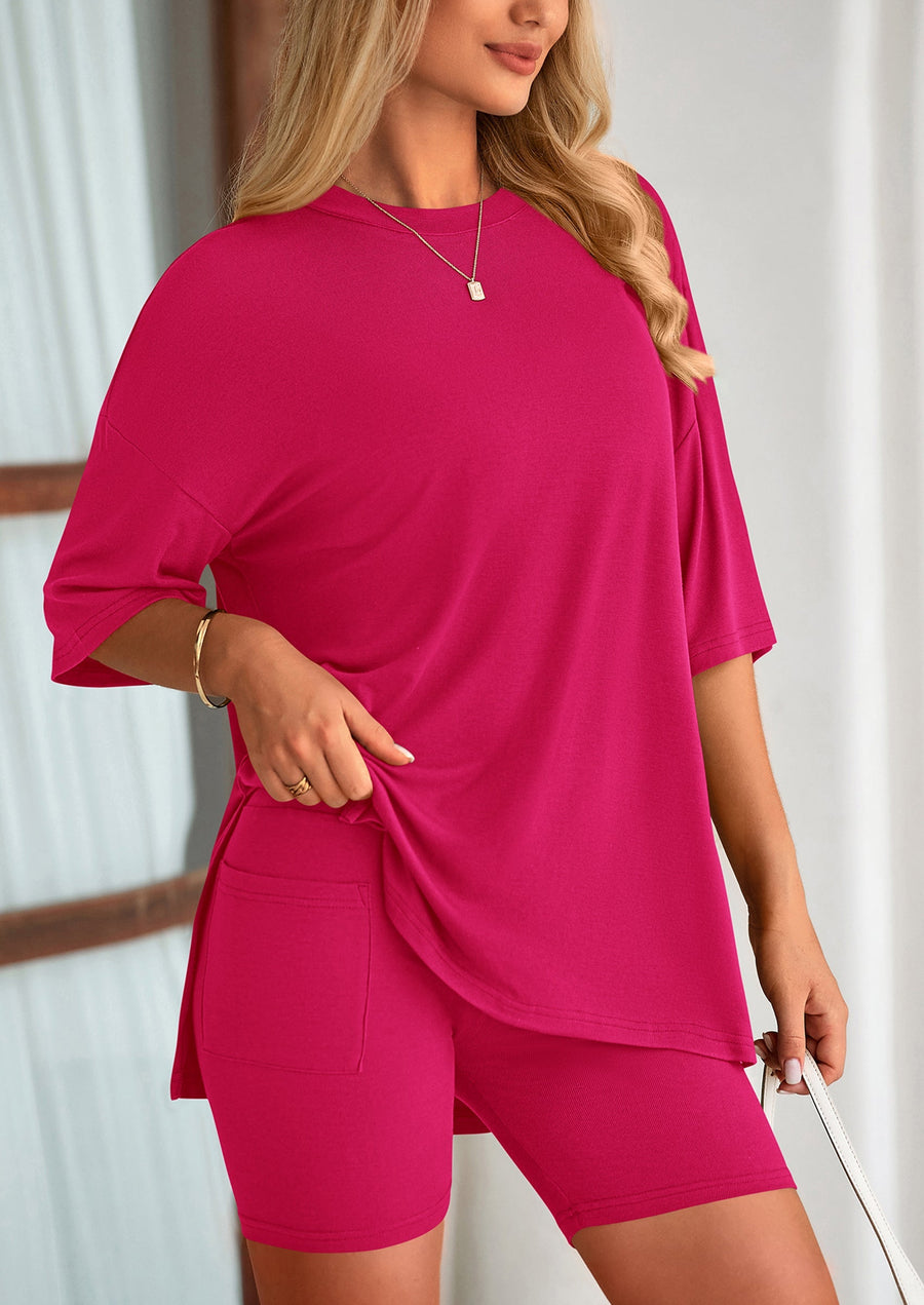 COMFYWOMEN Women's Two Piece Lounge Set Casual Oversized Shirts Shorts Matching Outfit